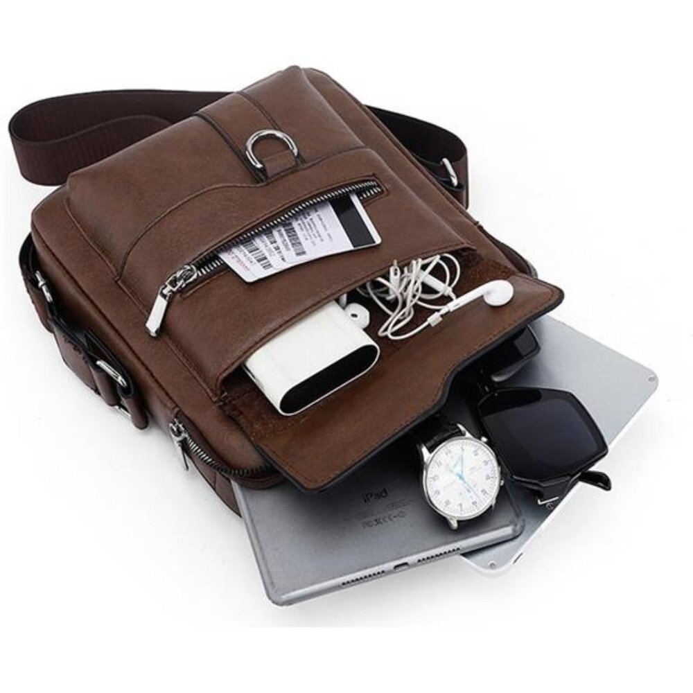 NEW Vintage Leather Mens Brown Crossbody Bag - Picture 4 of 7